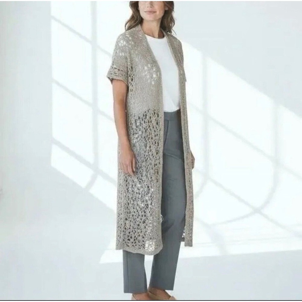 Eileen Fisher L Rustic Luster Linen Cotton Open Crochet Long Duster Cardigan